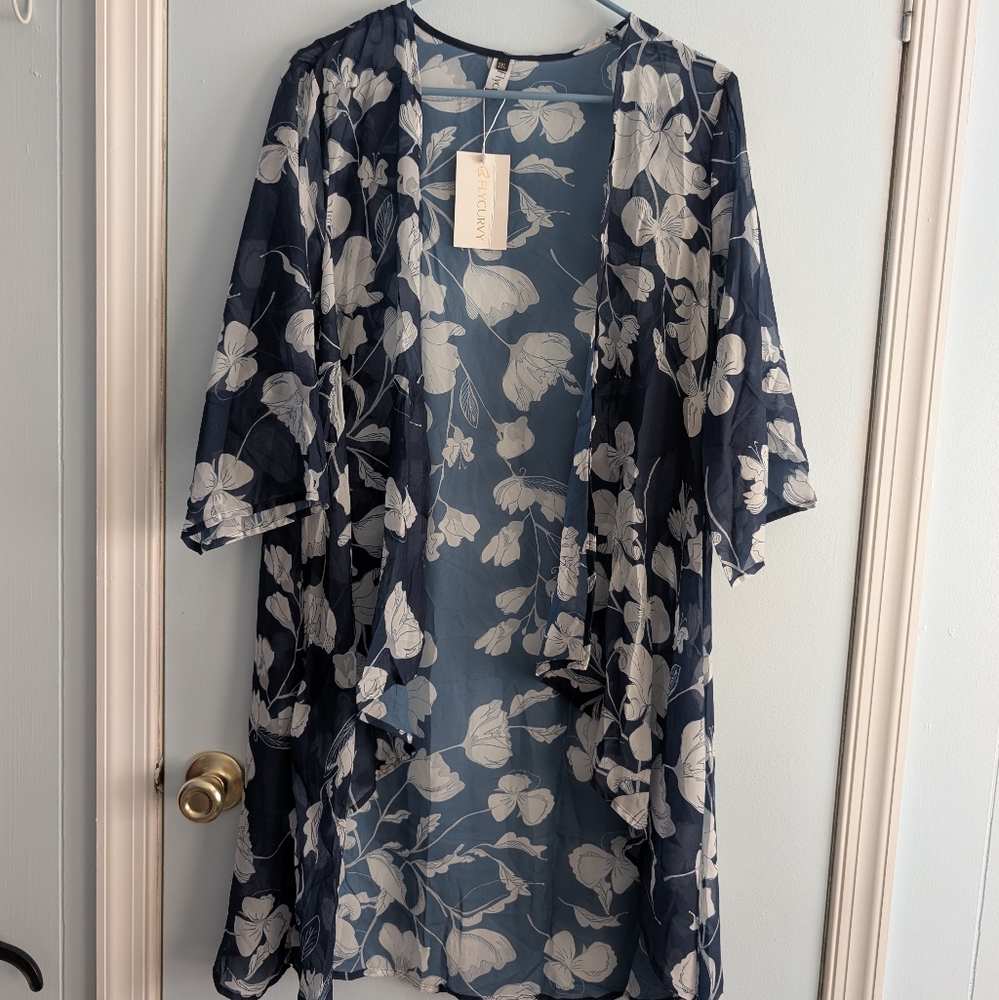 Floral Navy and White New Kimono Cardigan